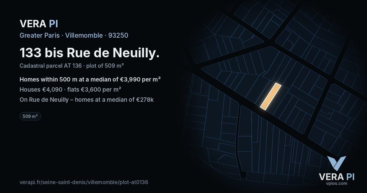 133 bis Rue de Neuilly, Villemomble at night – the plot lit, the parcels around coloured by the prices near them