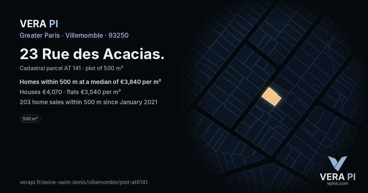 23 Rue des Acacias, Villemomble at night – the plot lit, the parcels around coloured by the prices near them