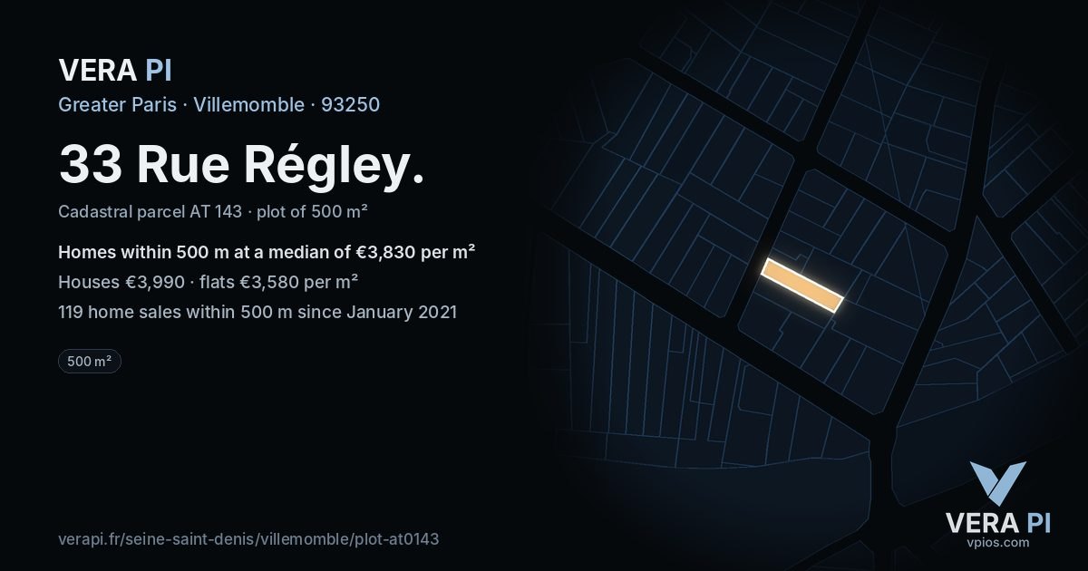 33 Rue Régley, Villemomble at night – the plot lit, the parcels around coloured by the prices near them
