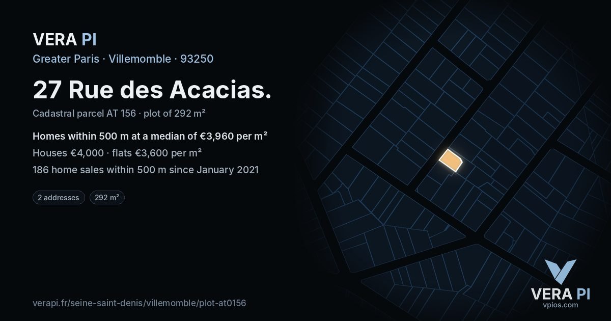 27 Rue des Acacias, Villemomble at night – the plot lit, the parcels around coloured by the prices near them