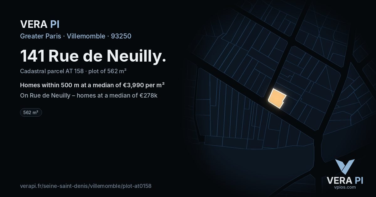 141 Rue de Neuilly, Villemomble at night – the plot lit, the parcels around coloured by the prices near them