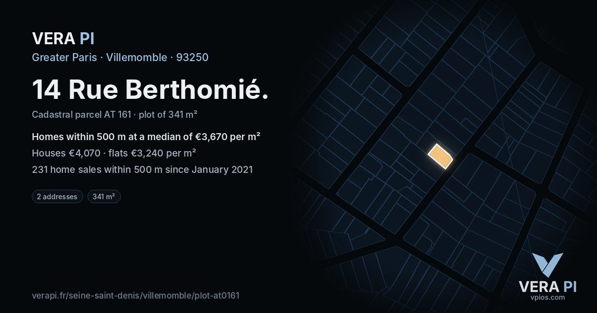 14 Rue Berthomié, Villemomble at night – the plot lit, the parcels around coloured by the prices near them