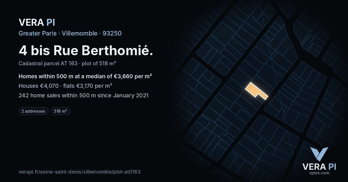 4 bis Rue Berthomié, Villemomble at night – the plot lit, the parcels around coloured by the prices near them