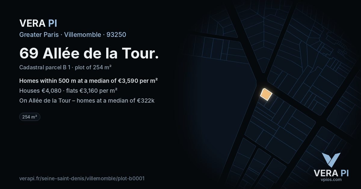 69 Allée de la Tour, Villemomble at night – the plot lit, the parcels around coloured by the prices near them