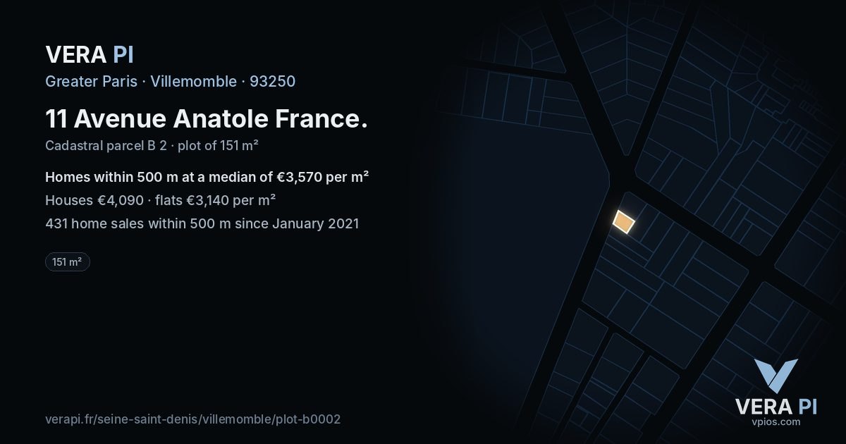 11 Avenue Anatole France, Villemomble at night – the plot lit, the parcels around coloured by the prices near them