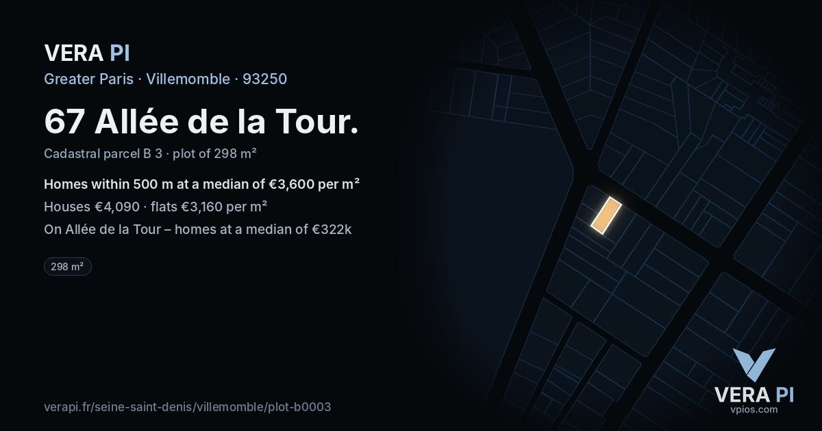67 Allée de la Tour, Villemomble at night – the plot lit, the parcels around coloured by the prices near them