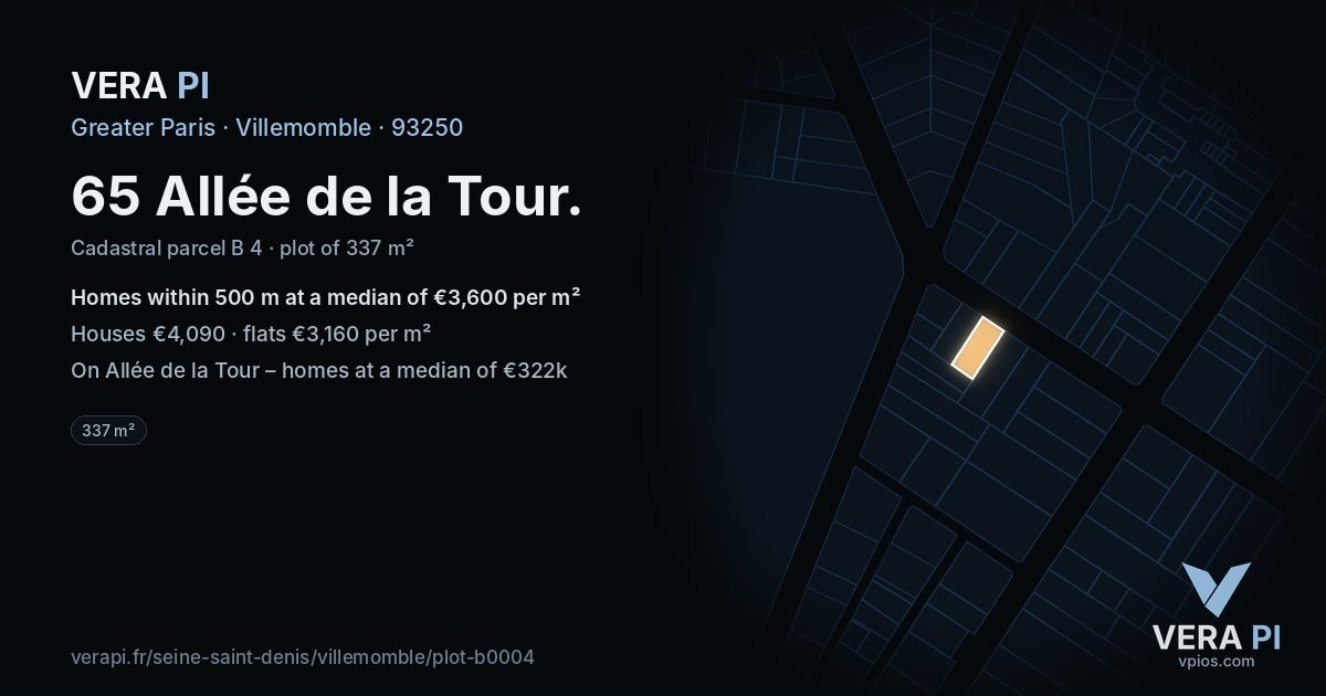 65 Allée de la Tour, Villemomble at night – the plot lit, the parcels around coloured by the prices near them
