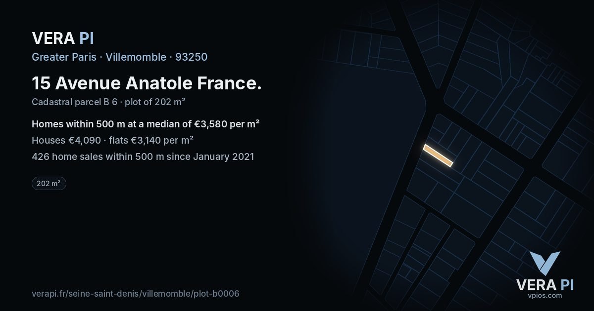 15 Avenue Anatole France, Villemomble at night – the plot lit, the parcels around coloured by the prices near them