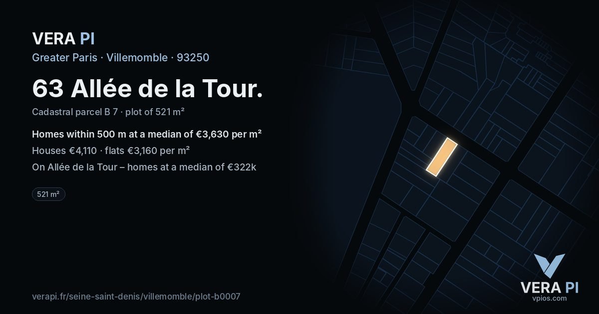 63 Allée de la Tour, Villemomble at night – the plot lit, the parcels around coloured by the prices near them