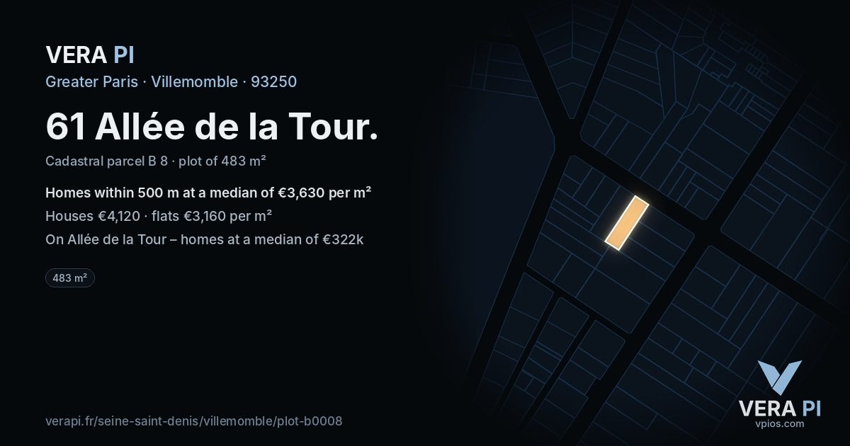 61 Allée de la Tour, Villemomble at night – the plot lit, the parcels around coloured by the prices near them