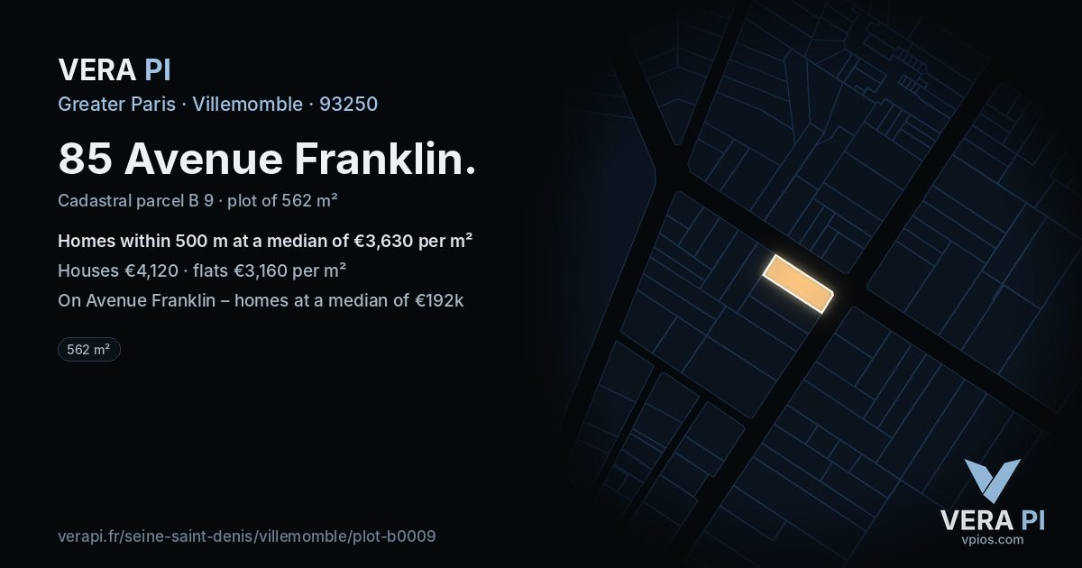 85 Avenue Franklin, Villemomble at night – the plot lit, the parcels around coloured by the prices near them