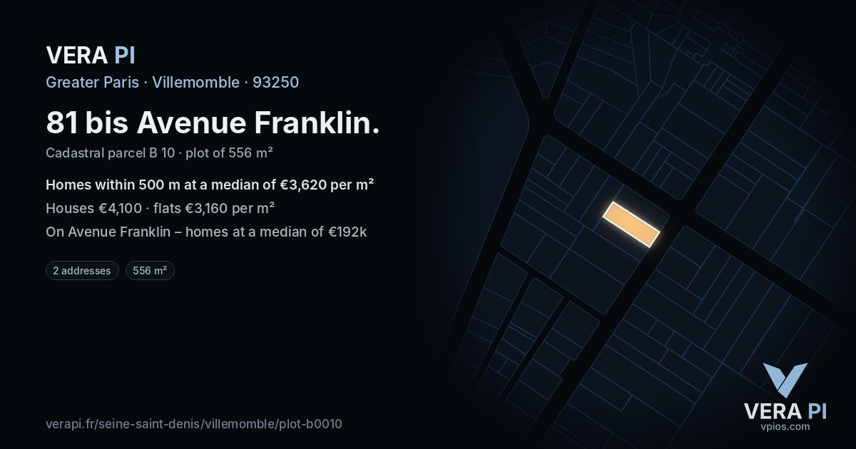 81 bis Avenue Franklin, Villemomble at night – the plot lit, the parcels around coloured by the prices near them