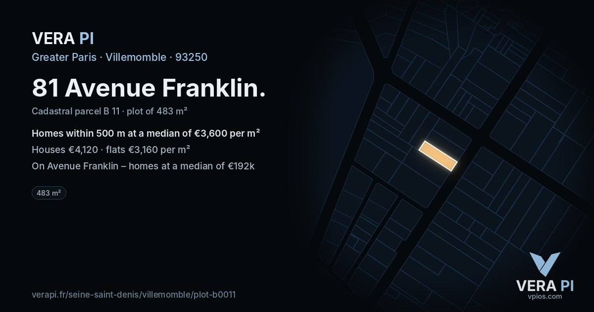 81 Avenue Franklin, Villemomble at night – the plot lit, the parcels around coloured by the prices near them