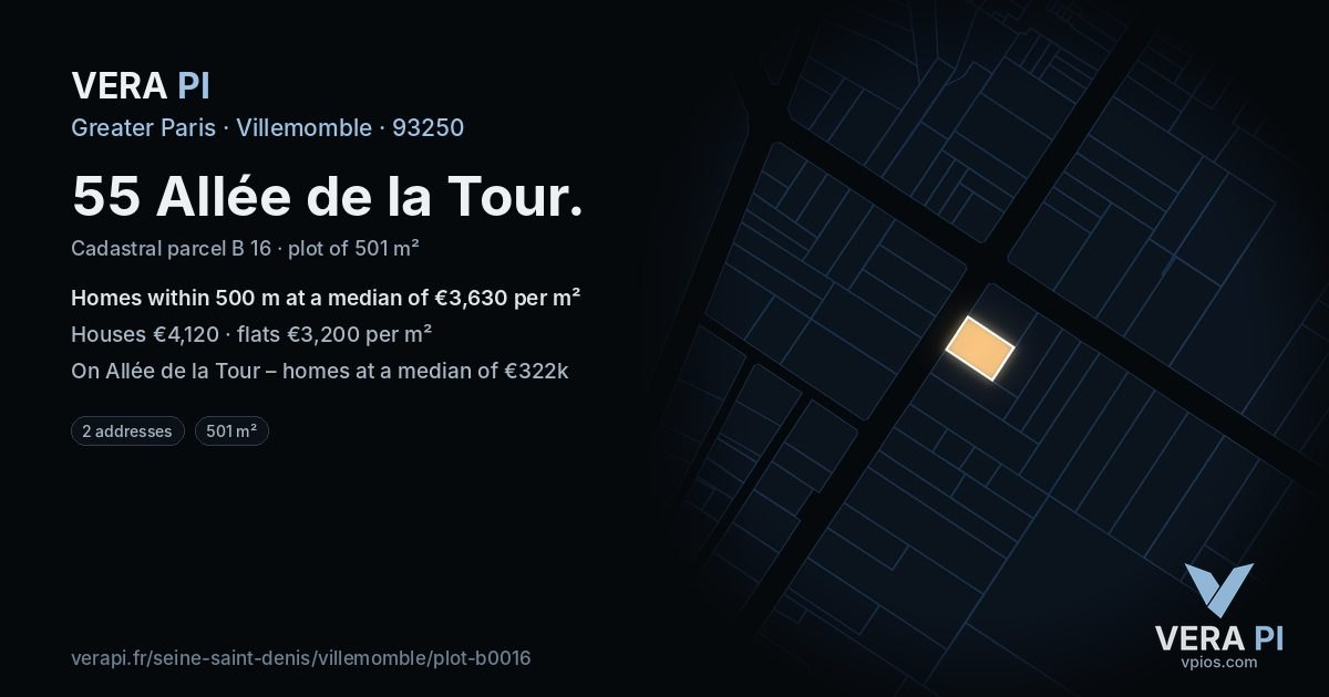 55 Allée de la Tour, Villemomble at night – the plot lit, the parcels around coloured by the prices near them