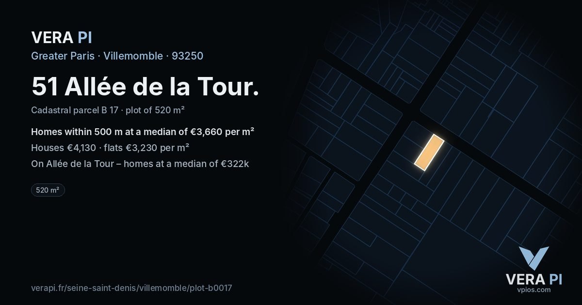 51 Allée de la Tour, Villemomble at night – the plot lit, the parcels around coloured by the prices near them