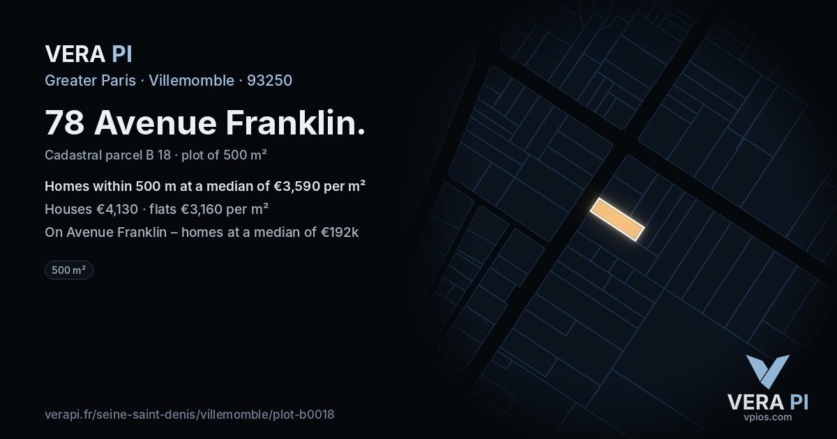 78 Avenue Franklin, Villemomble at night – the plot lit, the parcels around coloured by the prices near them