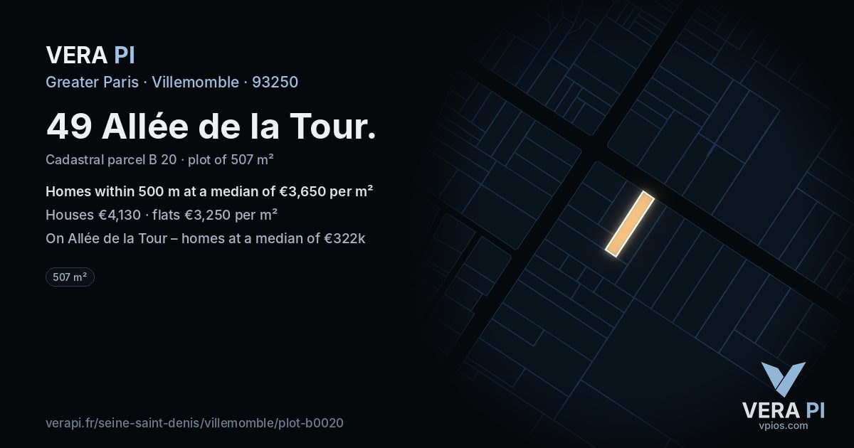 49 Allée de la Tour, Villemomble at night – the plot lit, the parcels around coloured by the prices near them