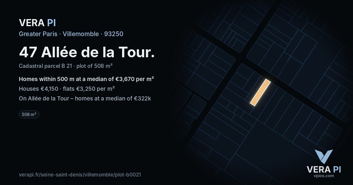47 Allée de la Tour, Villemomble at night – the plot lit, the parcels around coloured by the prices near them