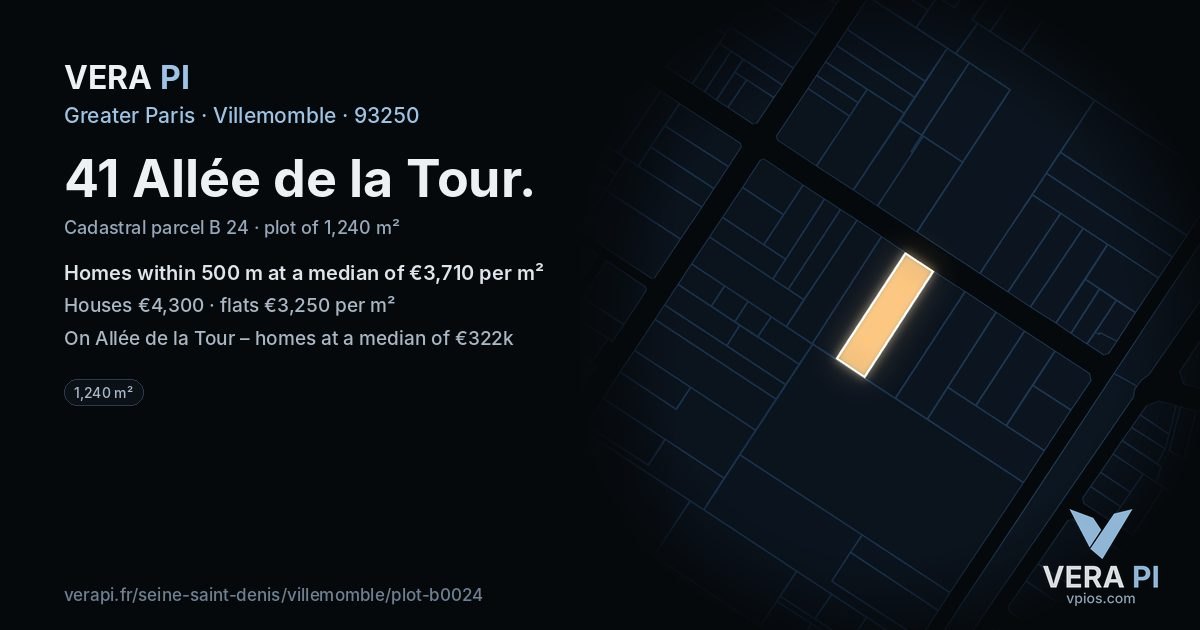 41 Allée de la Tour, Villemomble at night – the plot lit, the parcels around coloured by the prices near them