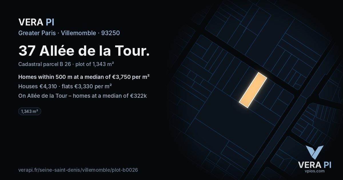 37 Allée de la Tour, Villemomble at night – the plot lit, the parcels around coloured by the prices near them