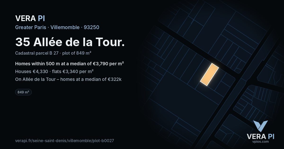 35 Allée de la Tour, Villemomble at night – the plot lit, the parcels around coloured by the prices near them