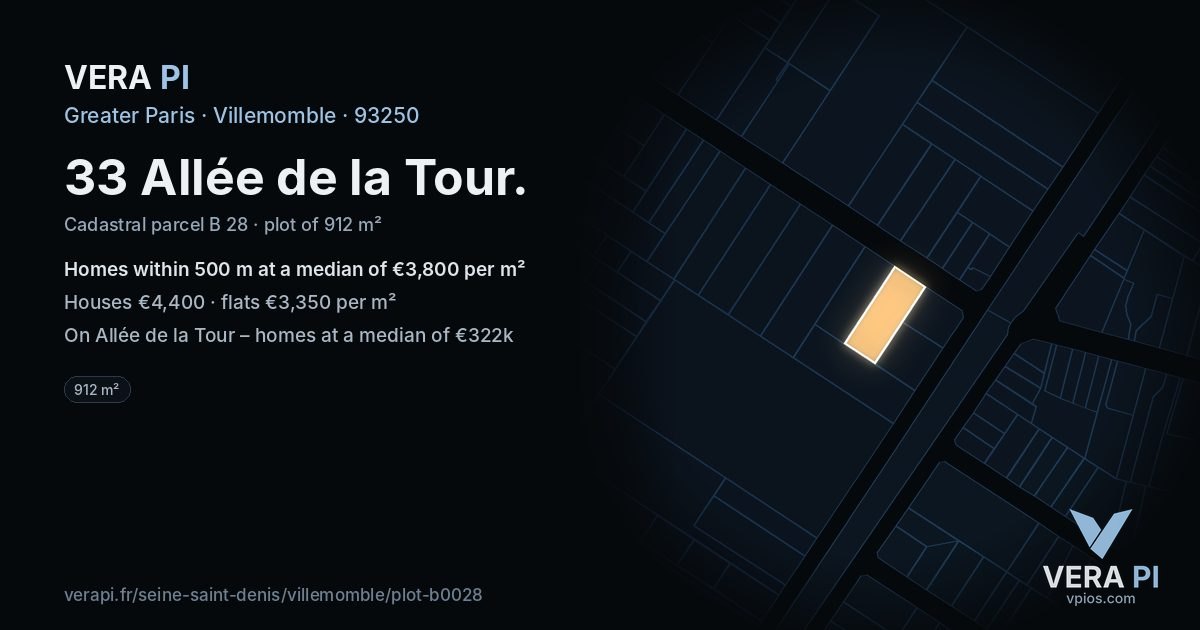 33 Allée de la Tour, Villemomble at night – the plot lit, the parcels around coloured by the prices near them