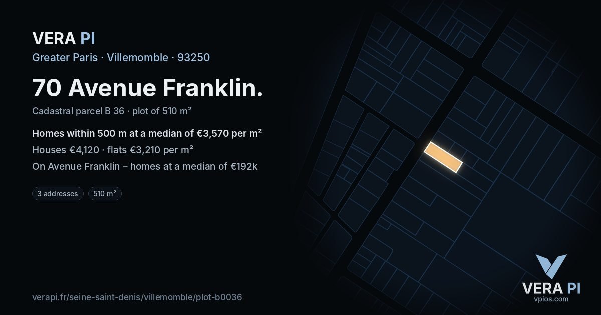 70 Avenue Franklin, Villemomble at night – the plot lit, the parcels around coloured by the prices near them