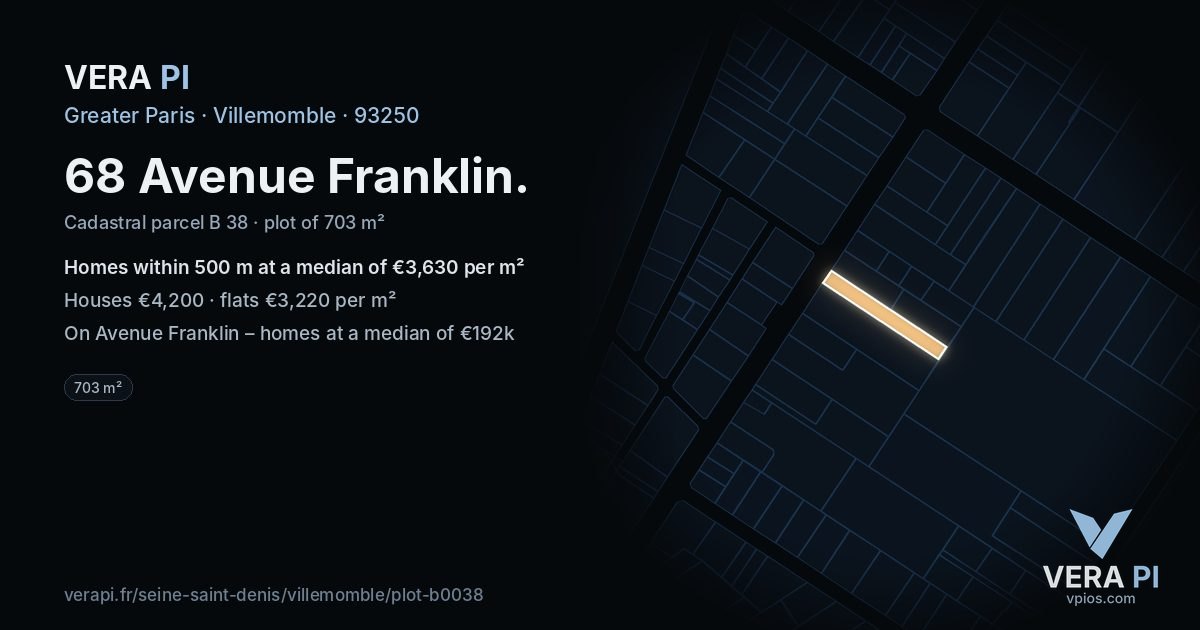 68 Avenue Franklin, Villemomble at night – the plot lit, the parcels around coloured by the prices near them