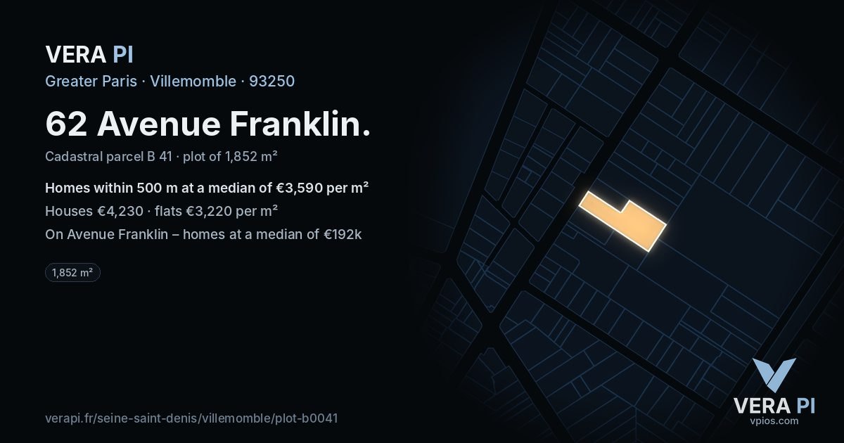 62 Avenue Franklin, Villemomble at night – the plot lit, the parcels around coloured by the prices near them