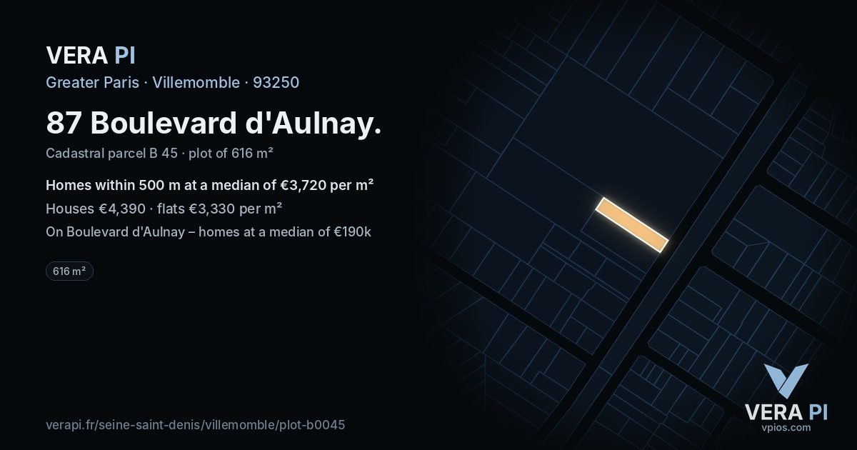 87 Boulevard d'Aulnay, Villemomble at night – the plot lit, the parcels around coloured by the prices near them