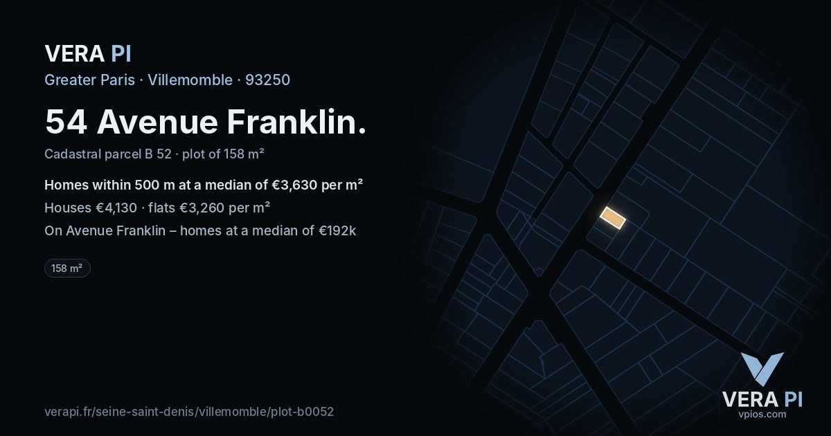 54 Avenue Franklin, Villemomble at night – the plot lit, the parcels around coloured by the prices near them