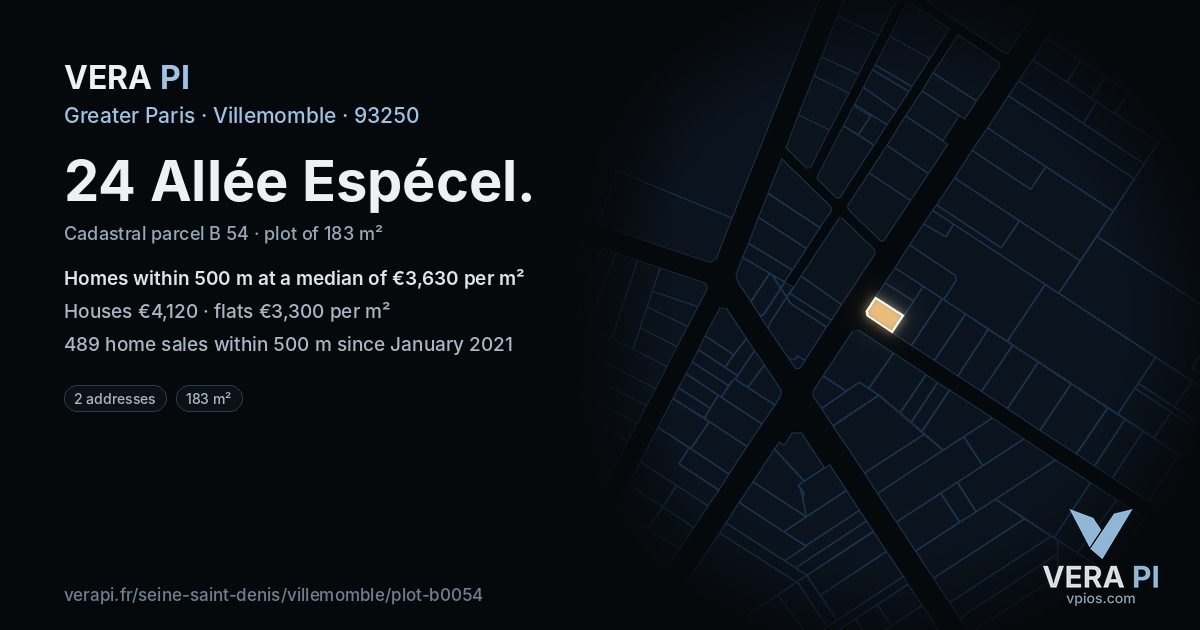 24 Allée Espécel, Villemomble at night – the plot lit, the parcels around coloured by the prices near them
