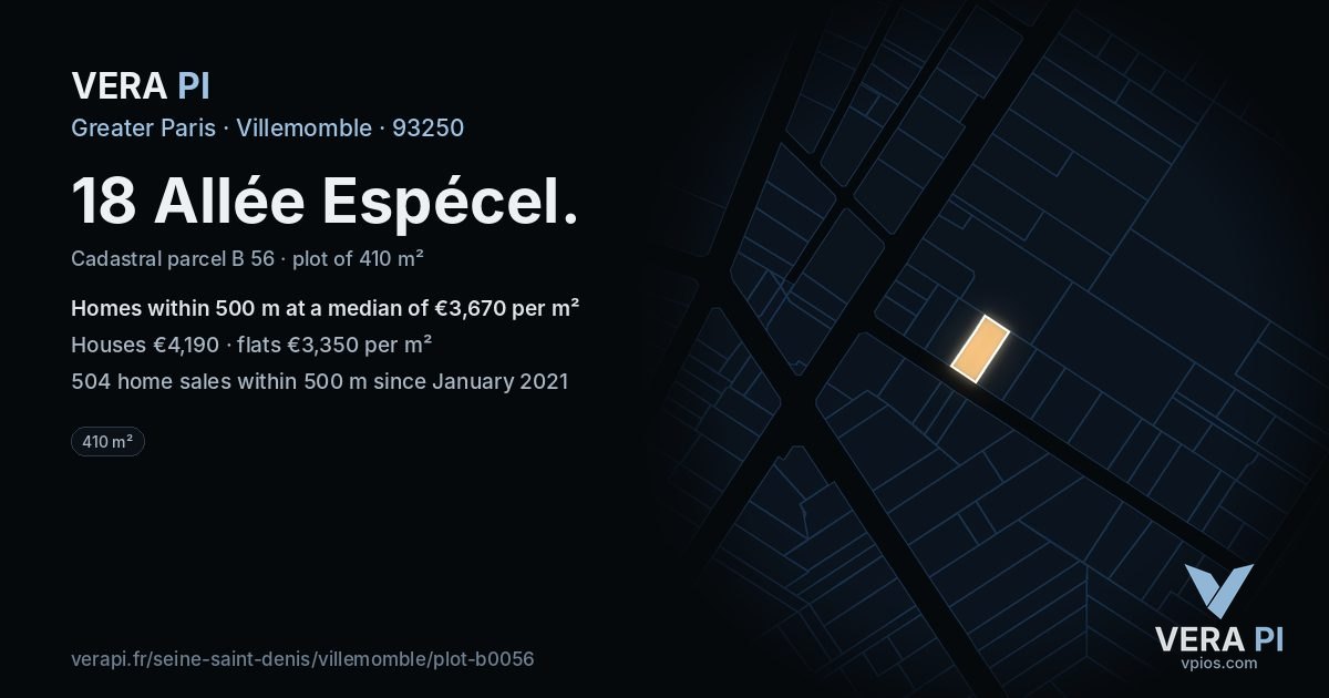 18 Allée Espécel, Villemomble at night – the plot lit, the parcels around coloured by the prices near them
