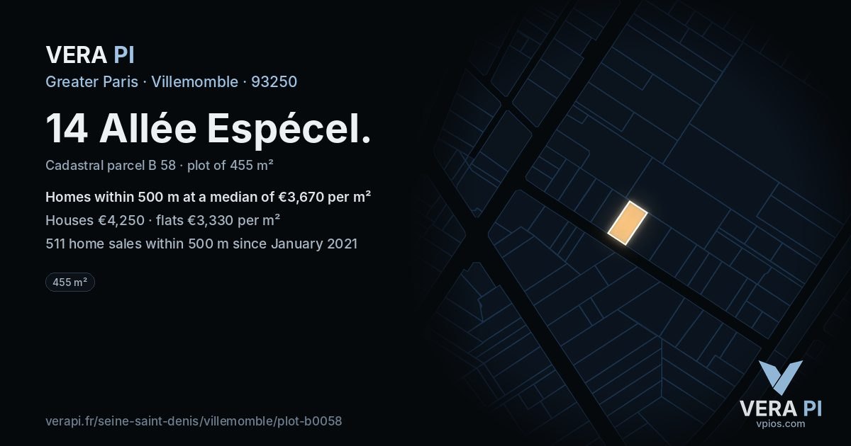 14 Allée Espécel, Villemomble at night – the plot lit, the parcels around coloured by the prices near them
