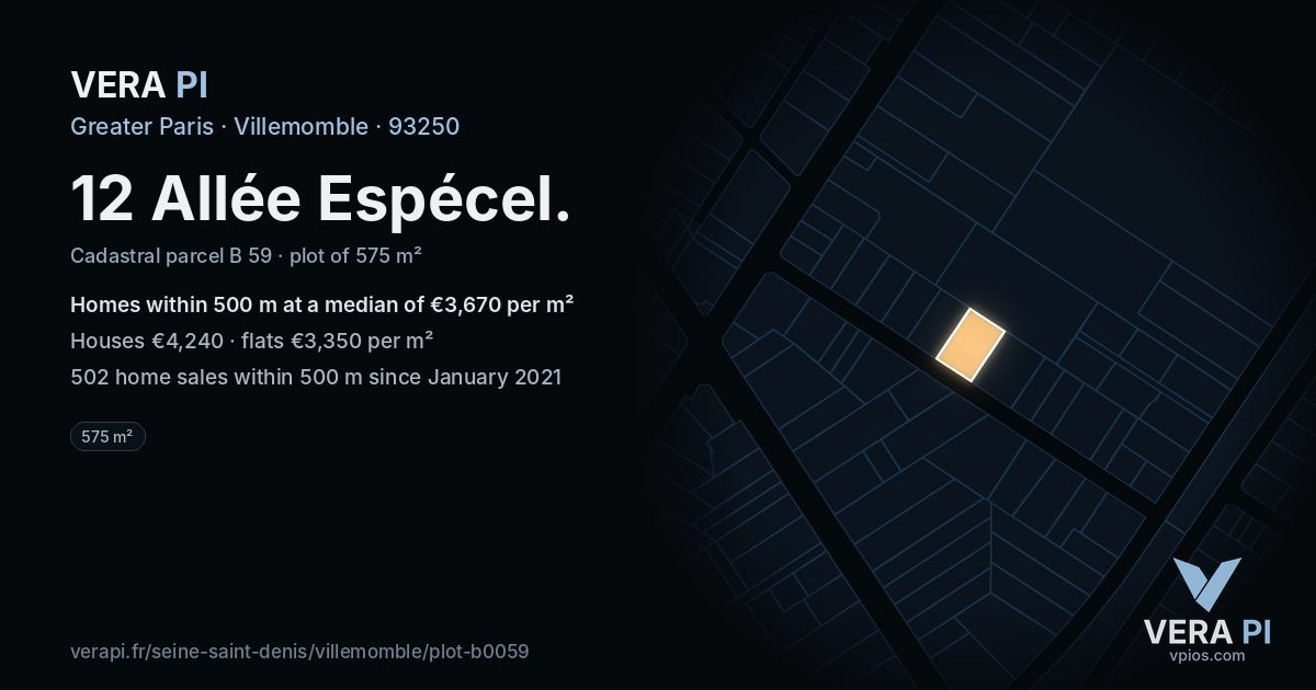 12 Allée Espécel, Villemomble at night – the plot lit, the parcels around coloured by the prices near them