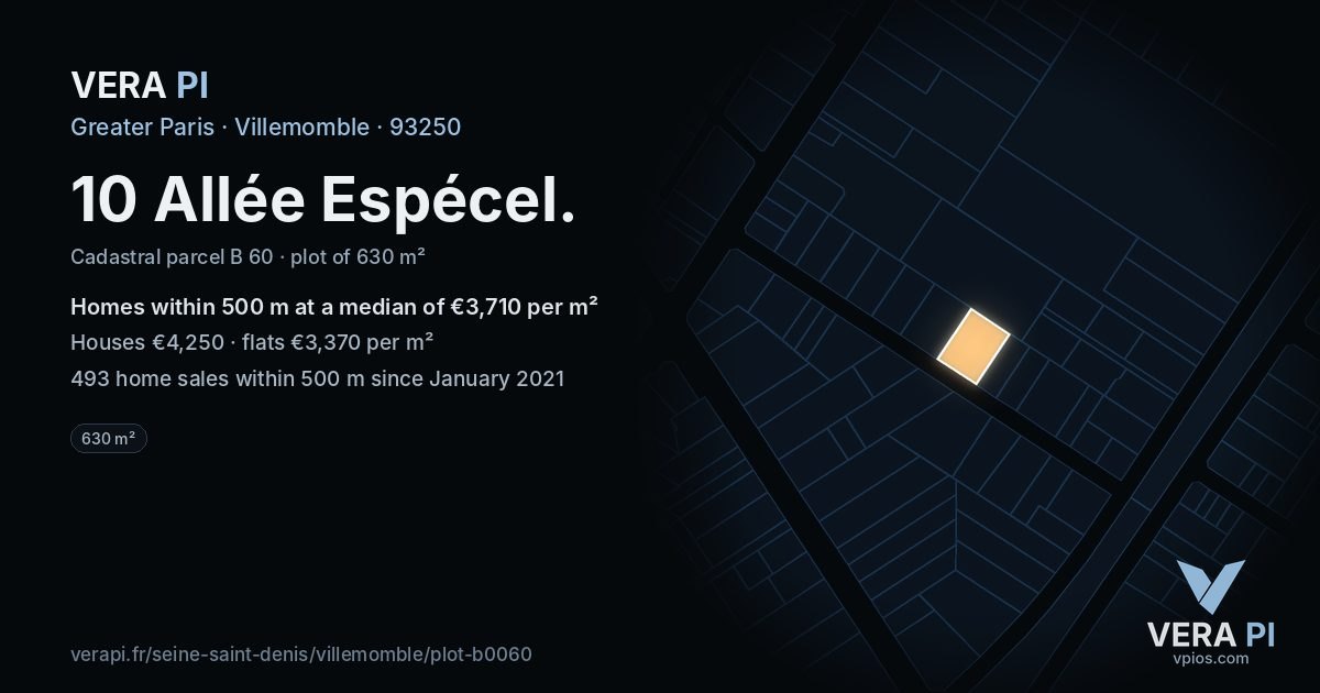 10 Allée Espécel, Villemomble at night – the plot lit, the parcels around coloured by the prices near them