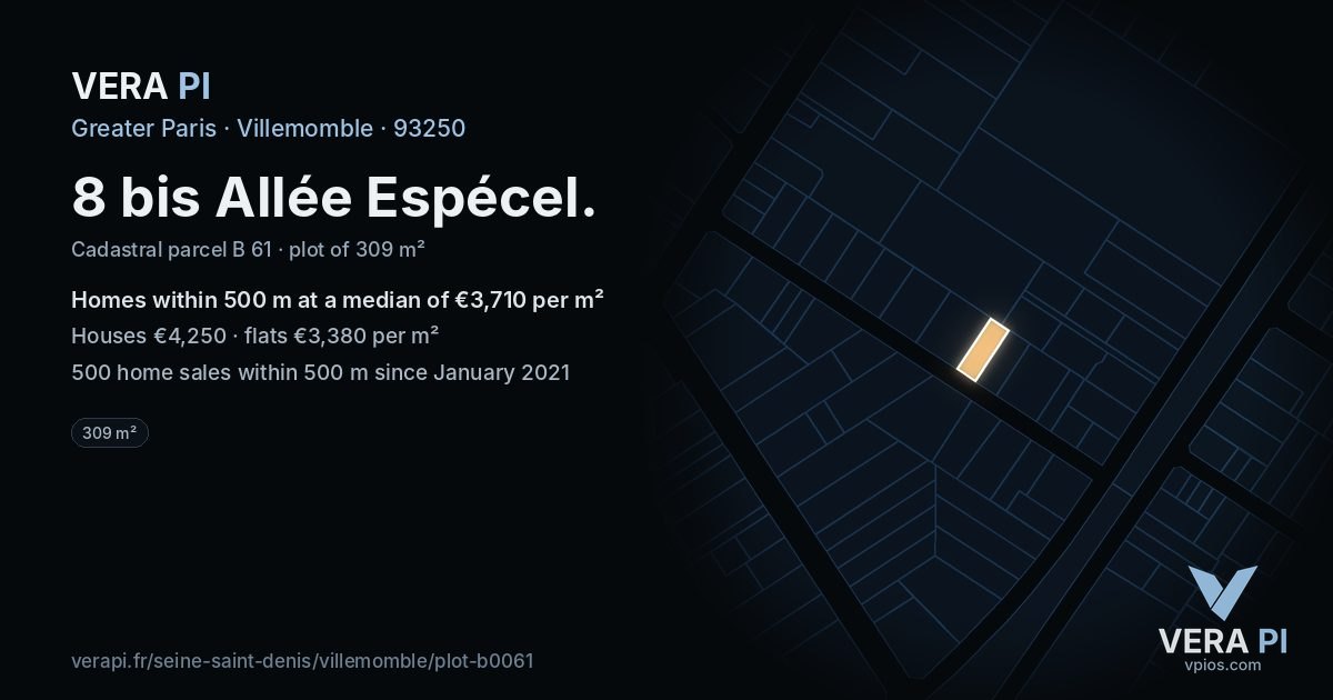 8 bis Allée Espécel, Villemomble at night – the plot lit, the parcels around coloured by the prices near them