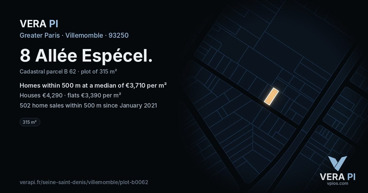 8 Allée Espécel, Villemomble at night – the plot lit, the parcels around coloured by the prices near them