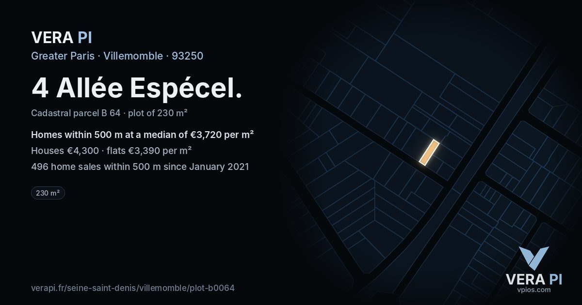 4 Allée Espécel, Villemomble at night – the plot lit, the parcels around coloured by the prices near them
