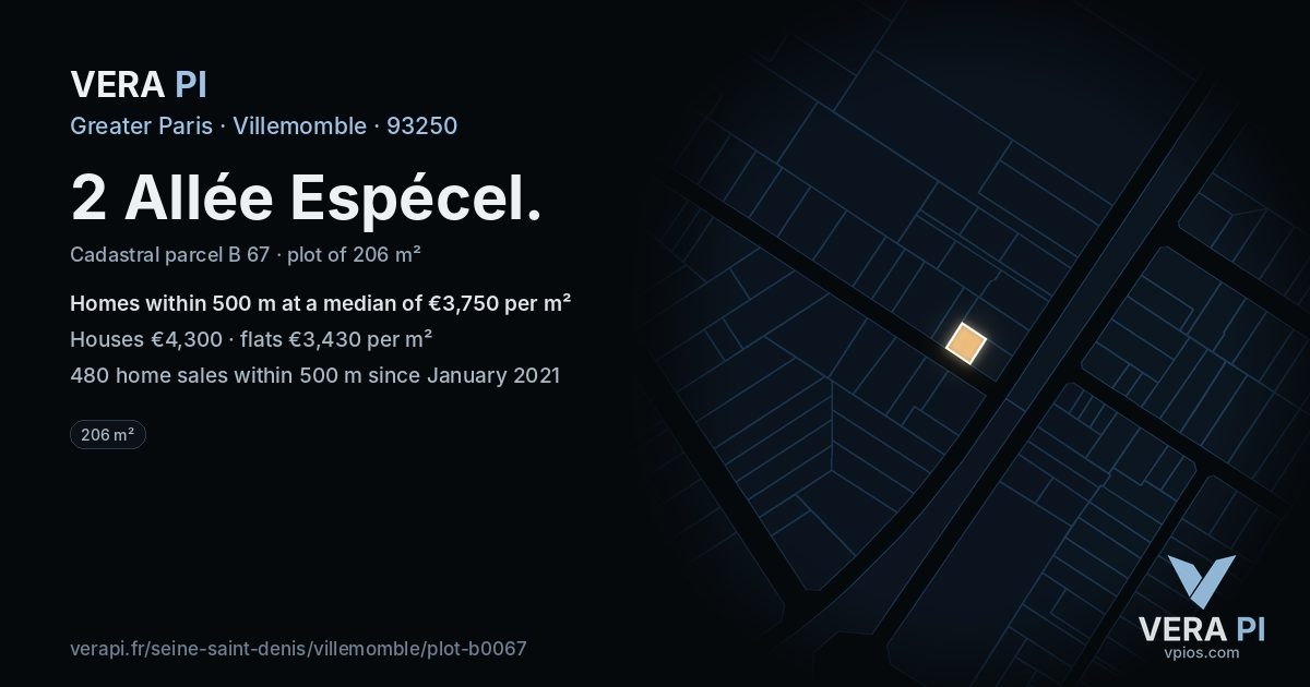 2 Allée Espécel, Villemomble at night – the plot lit, the parcels around coloured by the prices near them