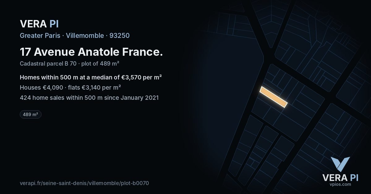 17 Avenue Anatole France, Villemomble at night – the plot lit, the parcels around coloured by the prices near them