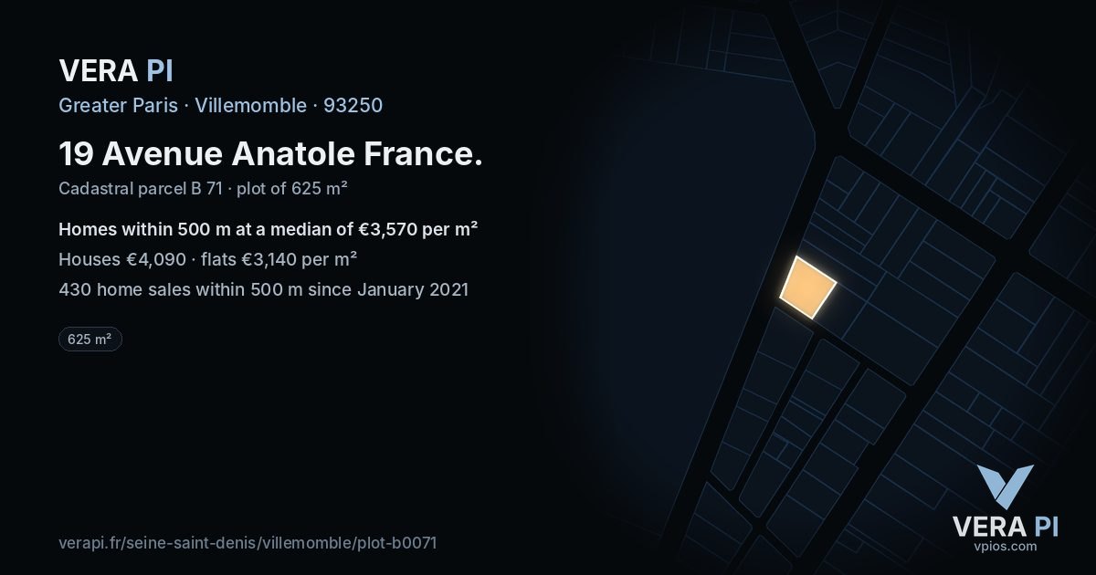 19 Avenue Anatole France, Villemomble at night – the plot lit, the parcels around coloured by the prices near them