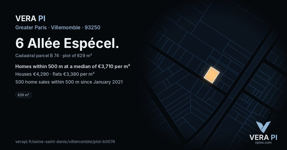 6 Allée Espécel, Villemomble at night – the plot lit, the parcels around coloured by the prices near them
