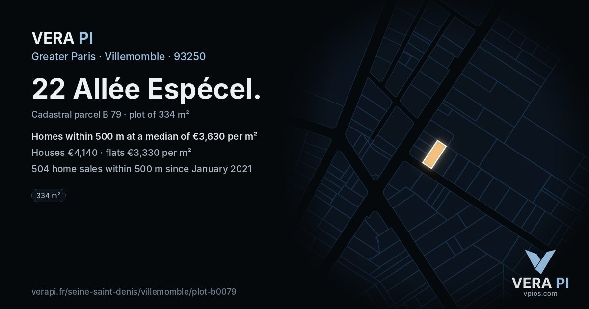 22 Allée Espécel, Villemomble at night – the plot lit, the parcels around coloured by the prices near them