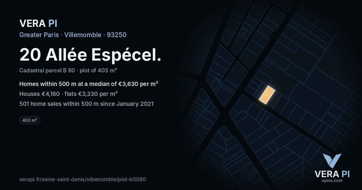 20 Allée Espécel, Villemomble at night – the plot lit, the parcels around coloured by the prices near them
