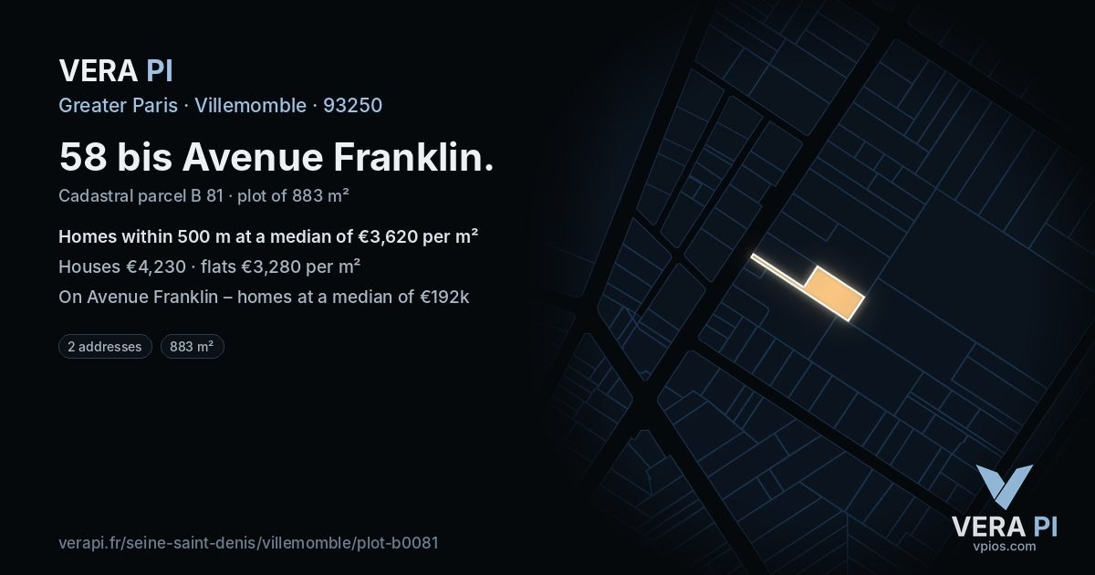 58 bis Avenue Franklin, Villemomble at night – the plot lit, the parcels around coloured by the prices near them