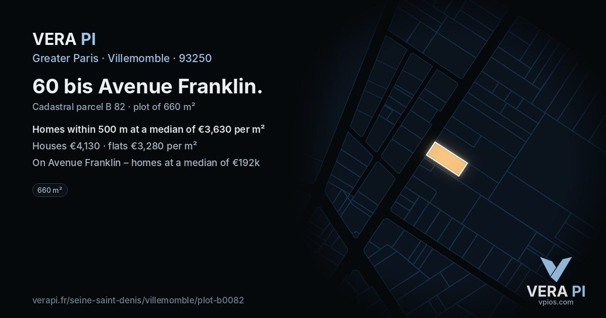 60 bis Avenue Franklin, Villemomble at night – the plot lit, the parcels around coloured by the prices near them