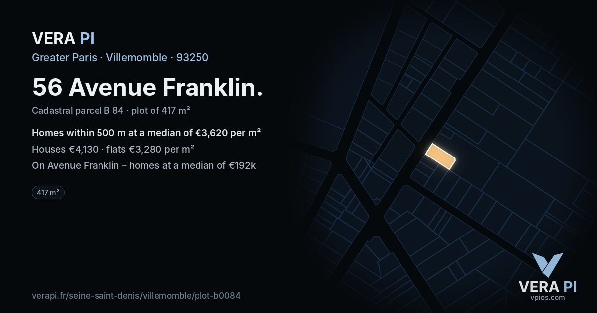 56 Avenue Franklin, Villemomble at night – the plot lit, the parcels around coloured by the prices near them