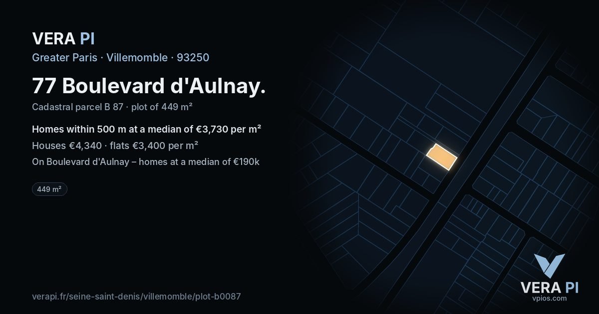 77 Boulevard d'Aulnay, Villemomble at night – the plot lit, the parcels around coloured by the prices near them