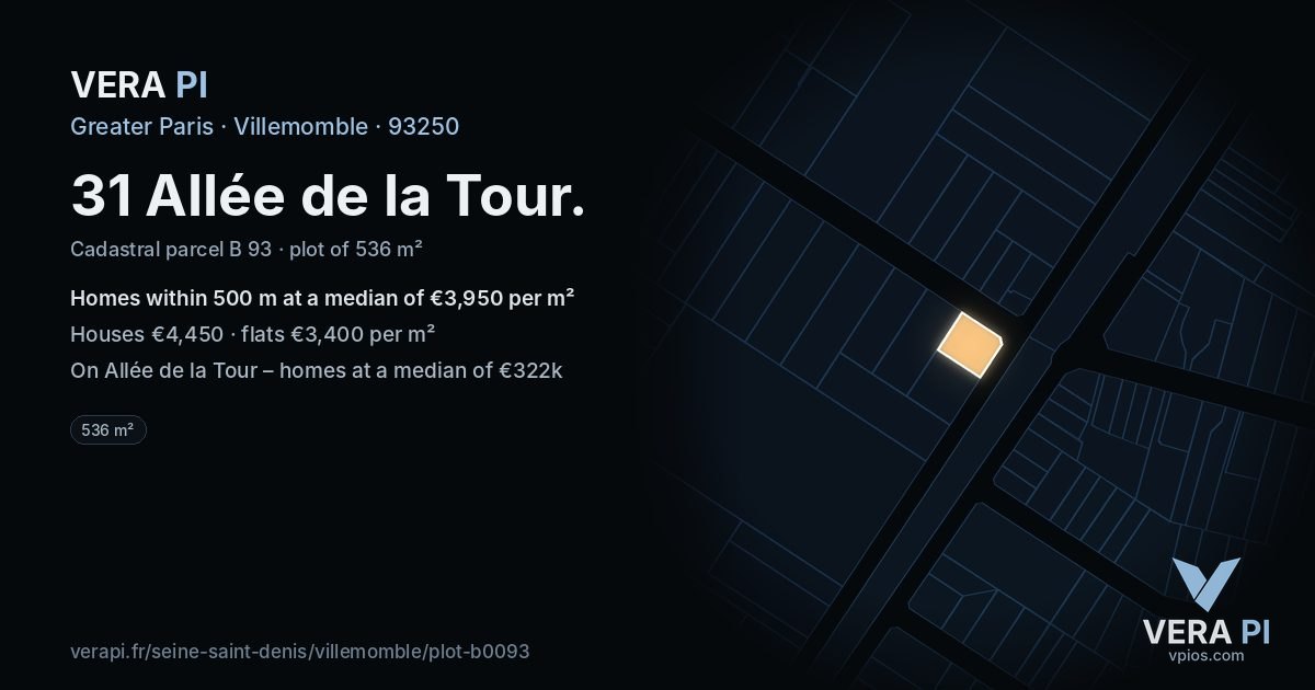 31 Allée de la Tour, Villemomble at night – the plot lit, the parcels around coloured by the prices near them